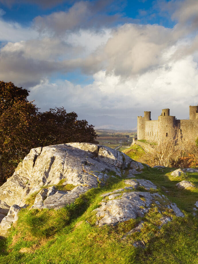 Un château se dressant au sommet d'une colline verdoyante, entouré d'un ciel bleu et de nuages.