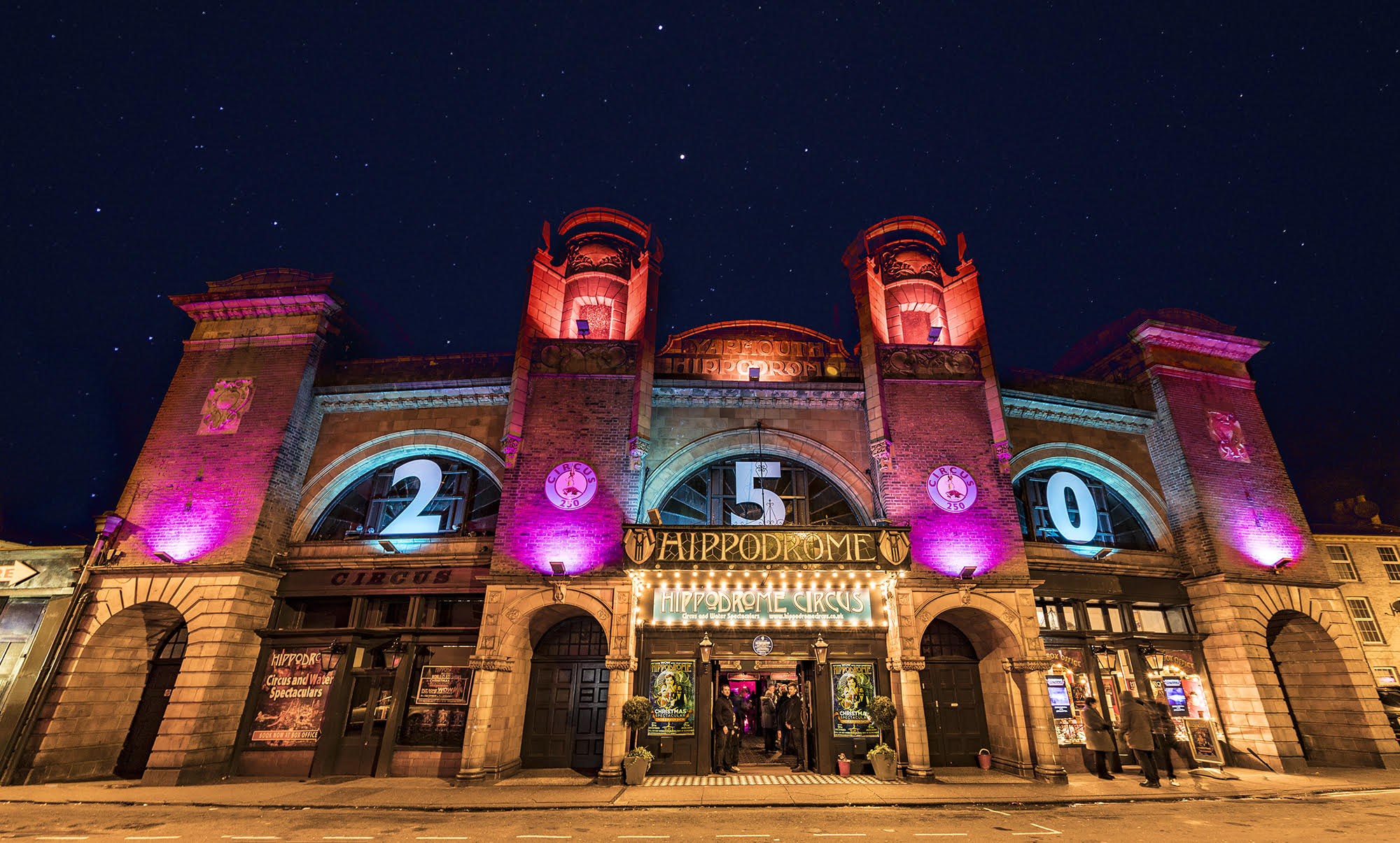 An exterior shot of the Hippodrome in Great Yarmouth at night