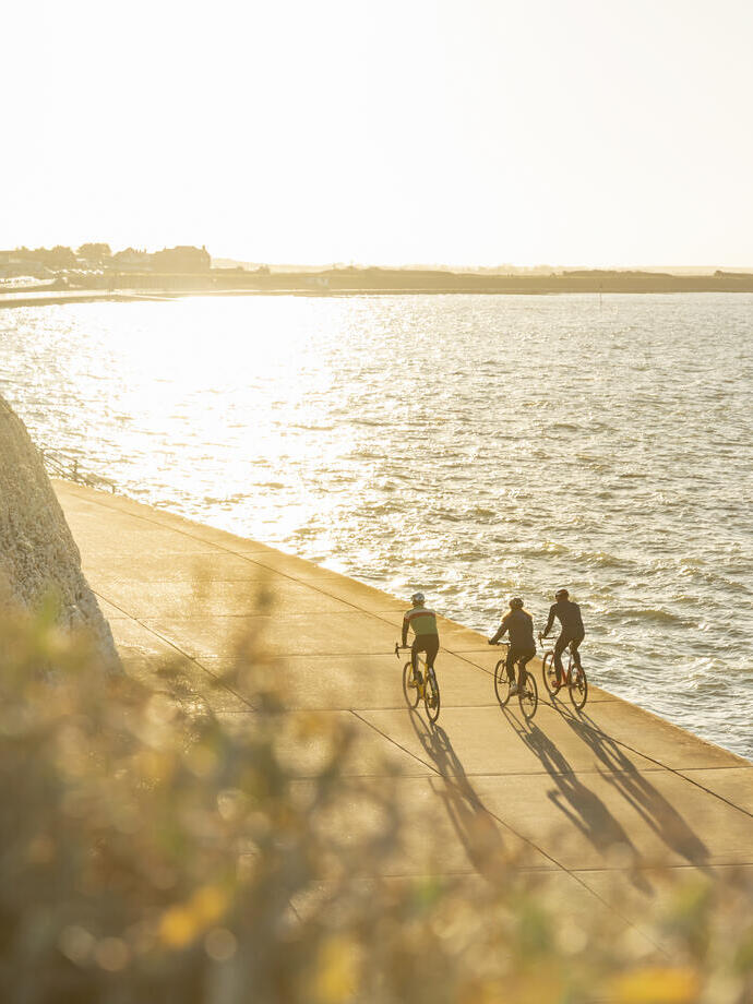 Three cyclists on a coastal path during sunset