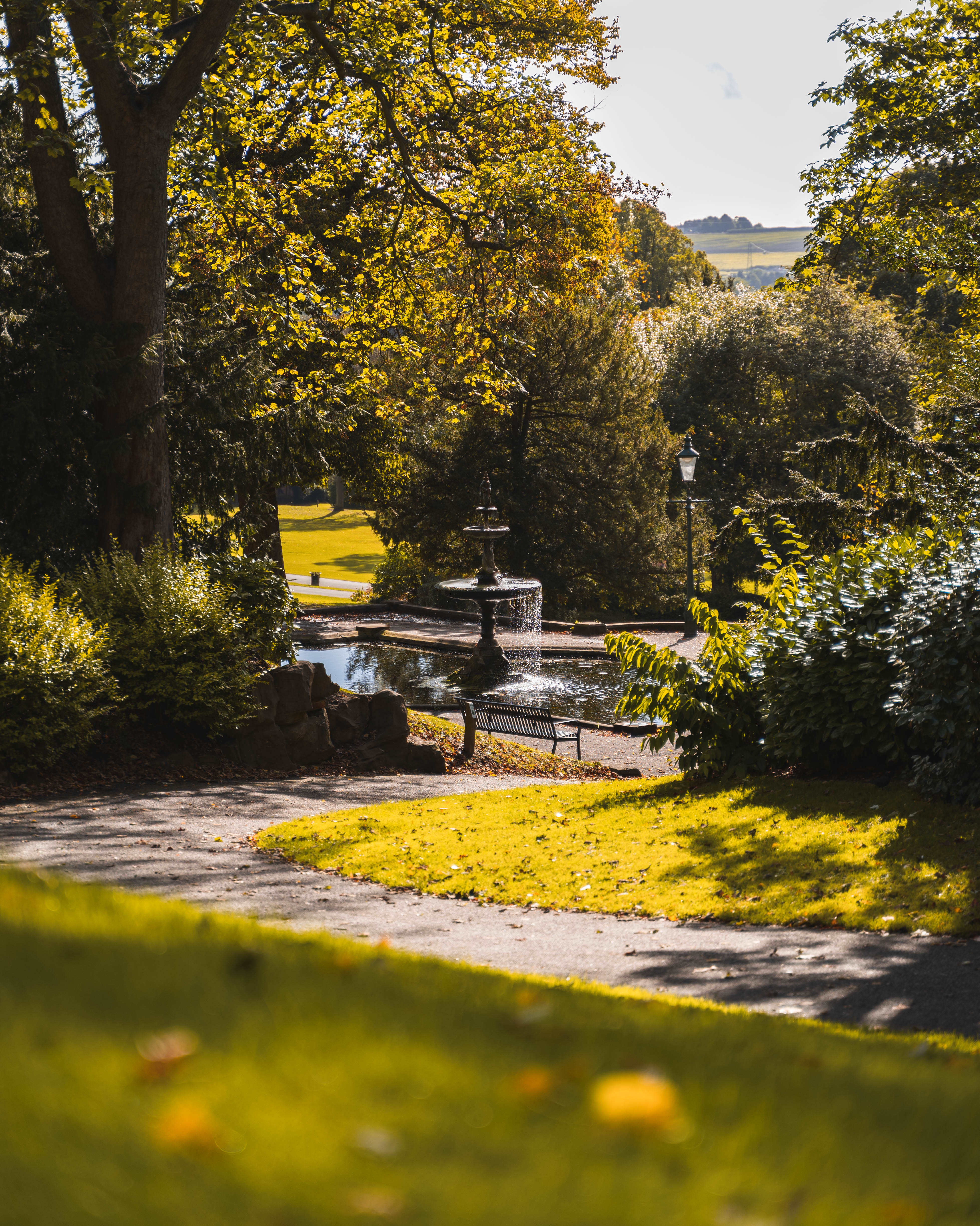 A fountain surrounded by trees in Lincoln Arboretum
