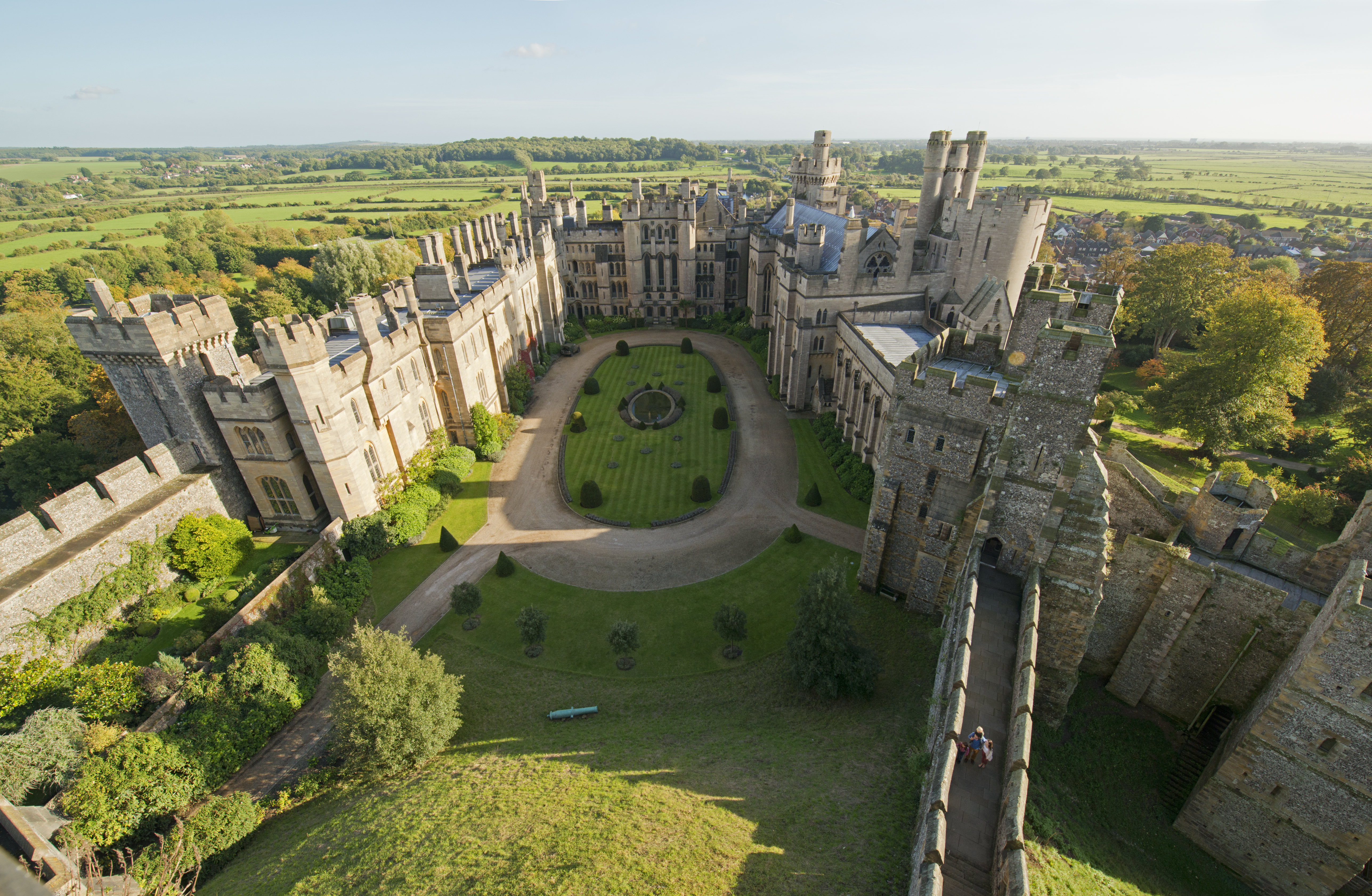 Aerial view of a castle and the countryside beyond