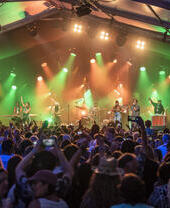 Rear view of crowd of people at a concert, band performing on stage