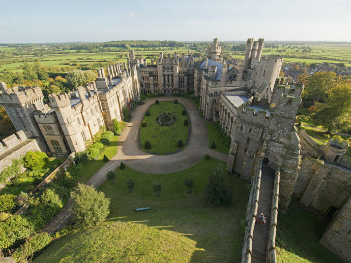 Aerial view of a castle and the countryside beyond