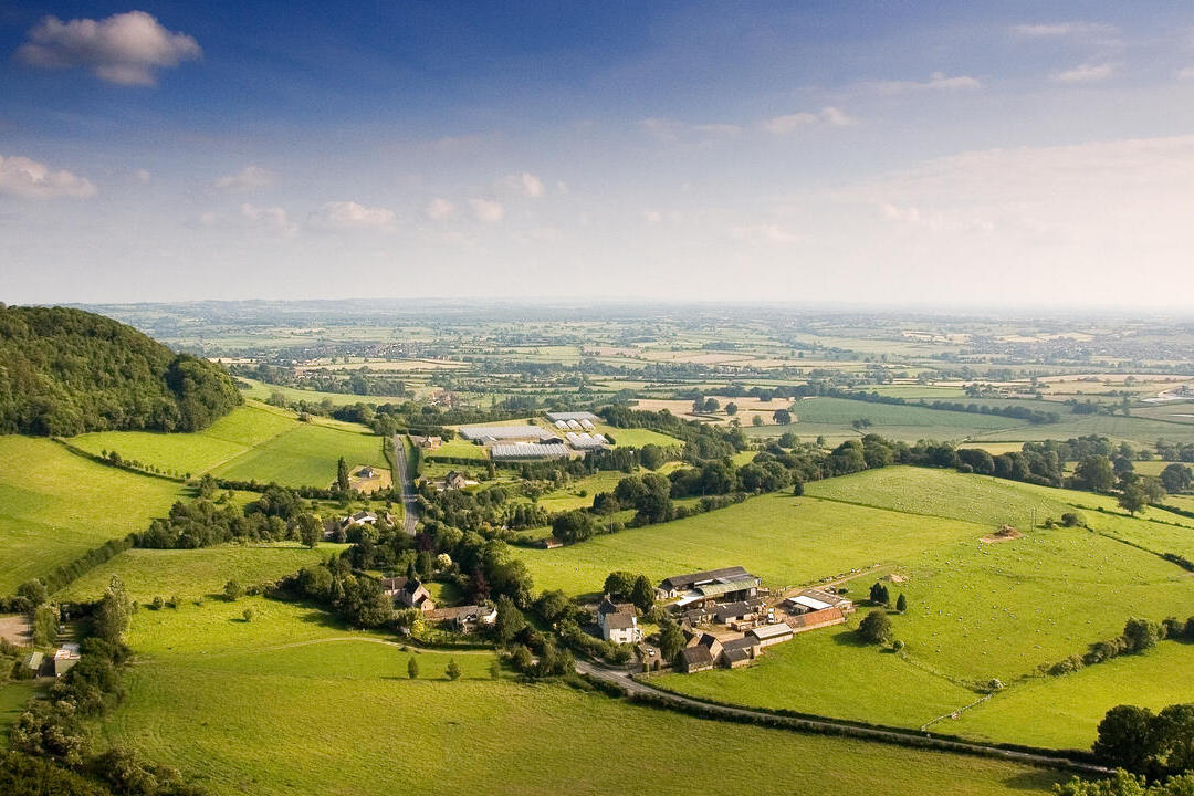 Aerial view of a green countryside