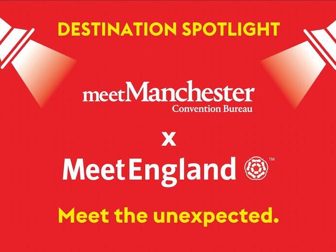 Red graphic with spotlights, promoting Meet Manchester and Meet England, and tagline 'Meet the unexpected.' No buildings shown.