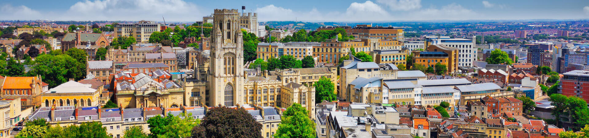 View of city buildings including a cathedral