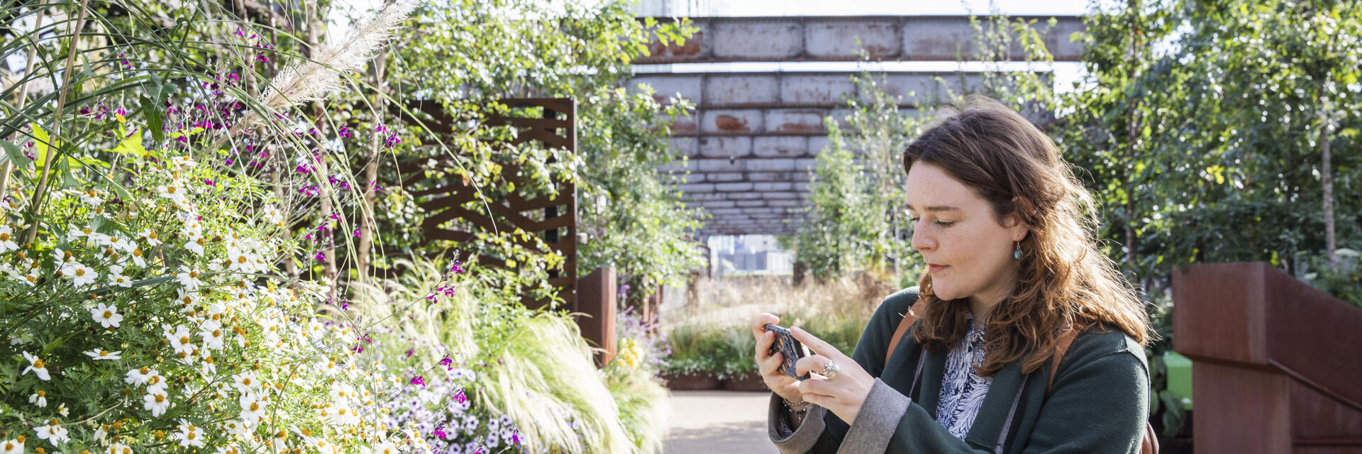 A woman taking a picture of plants and flowers in the gardens of Castlefield Viaduct, Manchester
