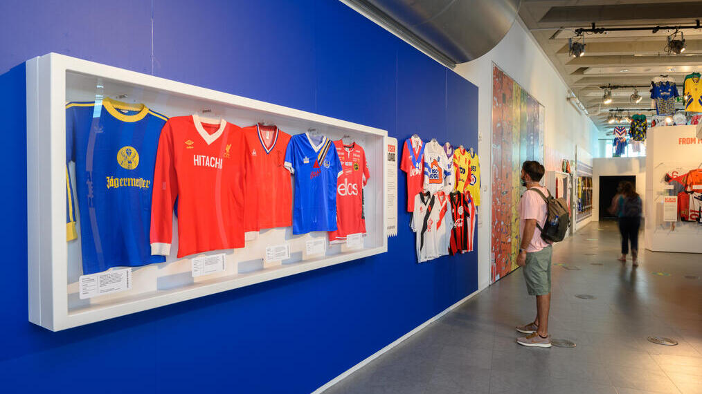 Iconic Football Shirts in a display at the National Football Museum, Manchester