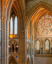 An interior view of the stained glass window of Truro Cathedral in Cornwall