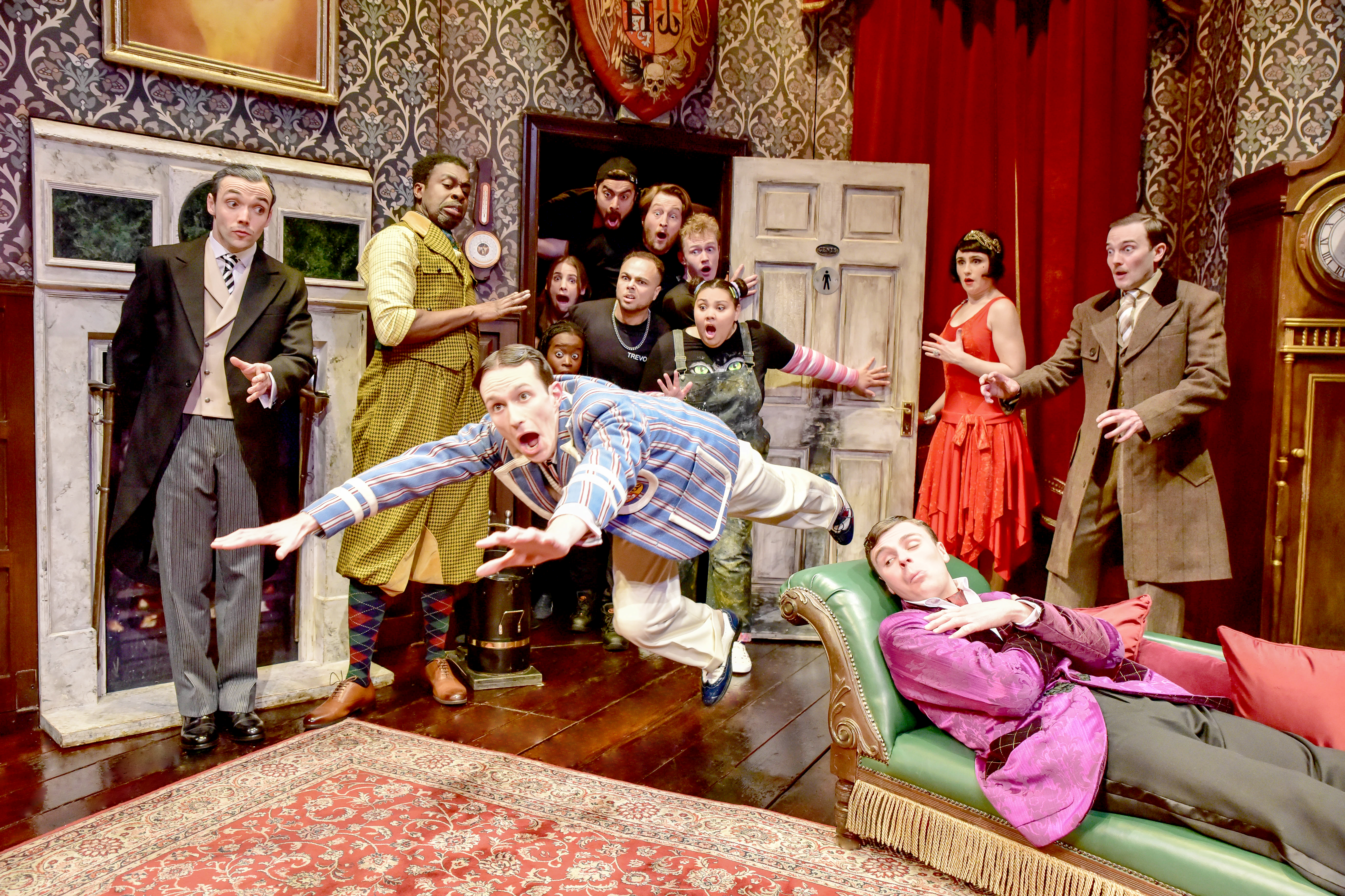 A performance of The Play That Goes Wrong on stage in London