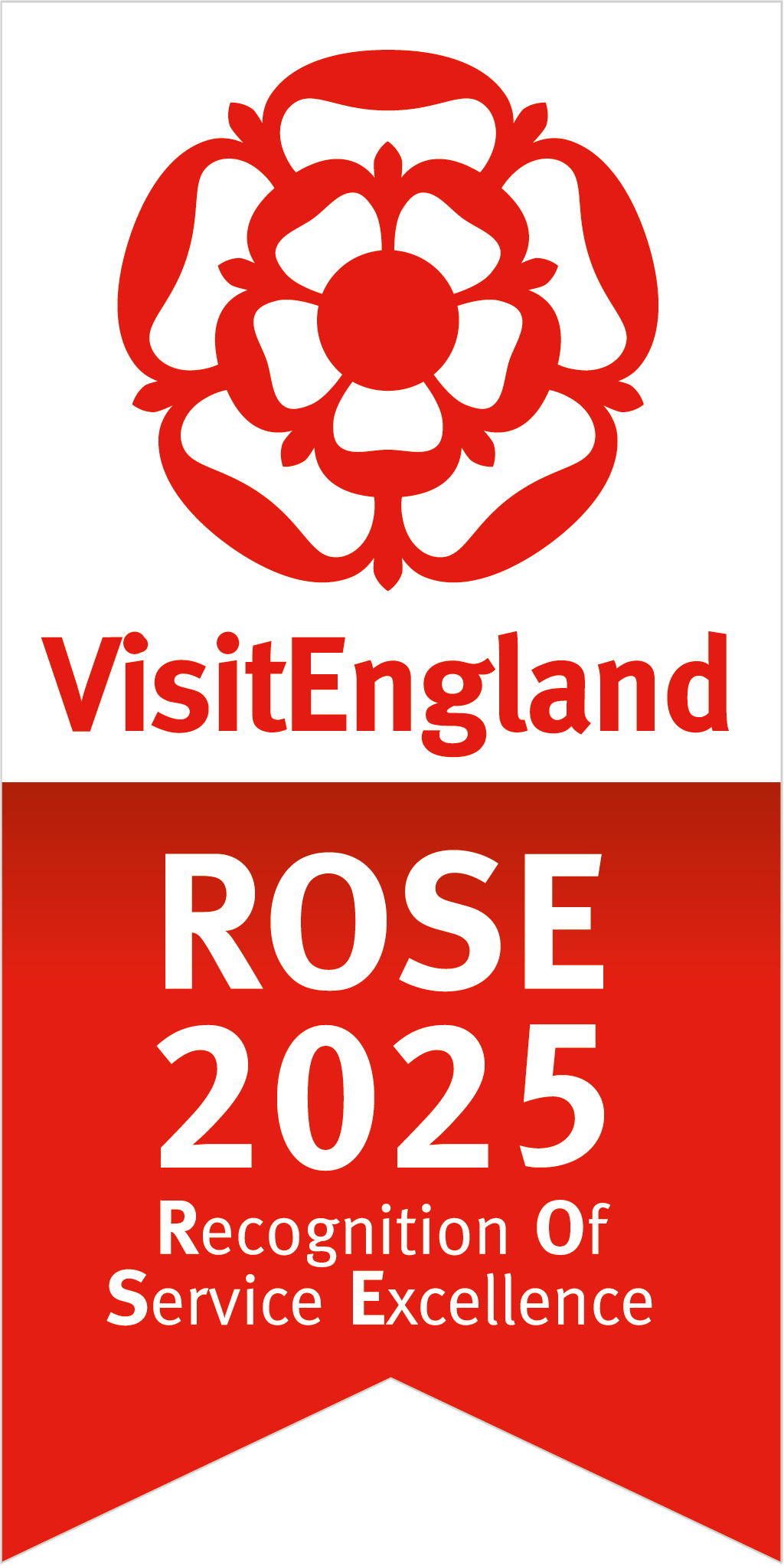 VisitEngland ROSE 2025 Recognition Of Service Excellence badge with red rose symbol and red and white banner.