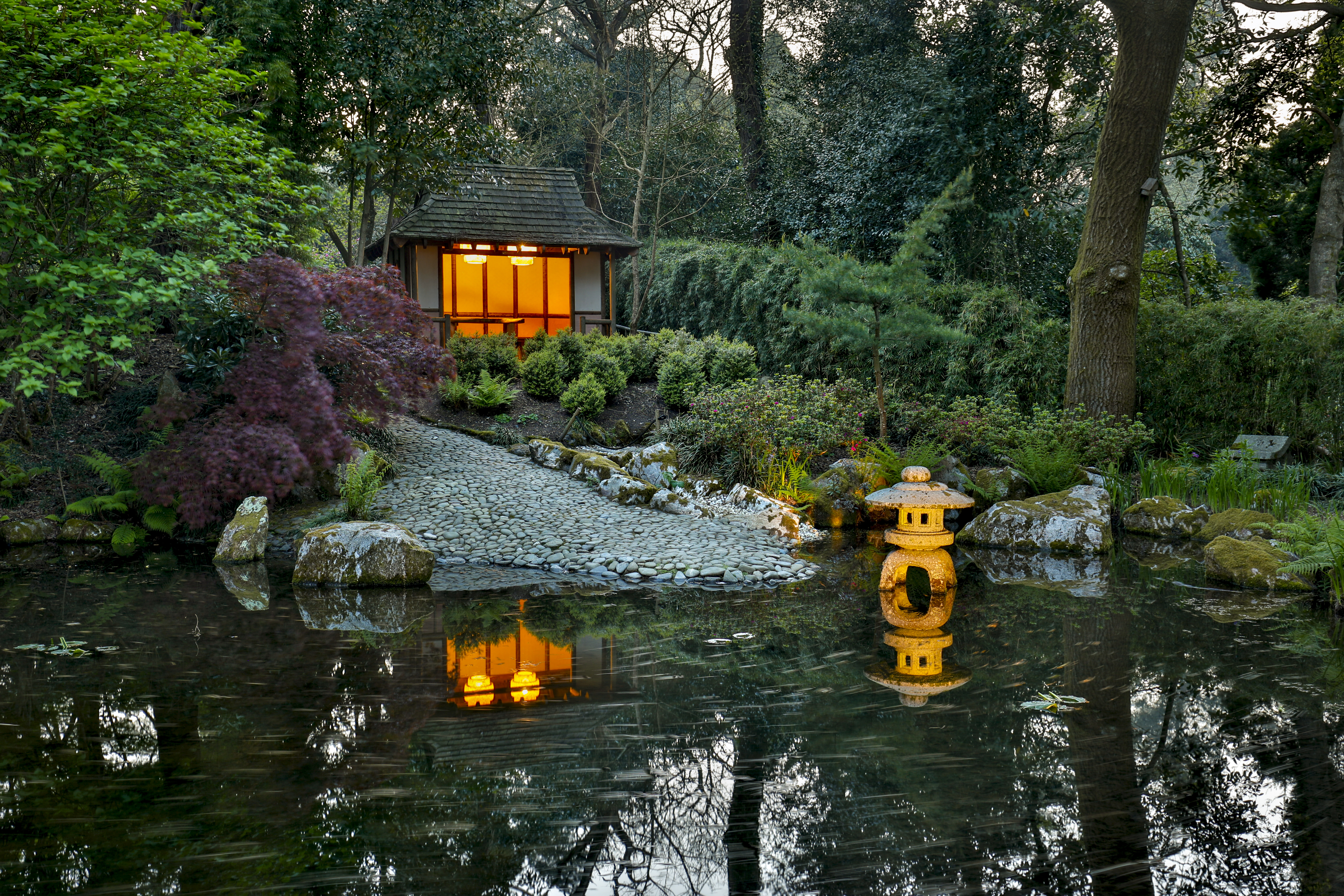 Des lanternes illuminées dans une rivière aux jardins Pinetum, en Cornouailles