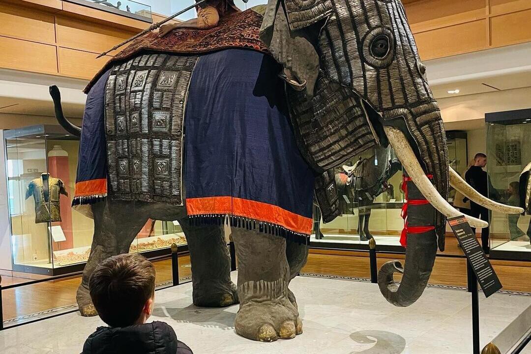 A set of elephant armor on display at the Royal Armouries Museum in Leeds