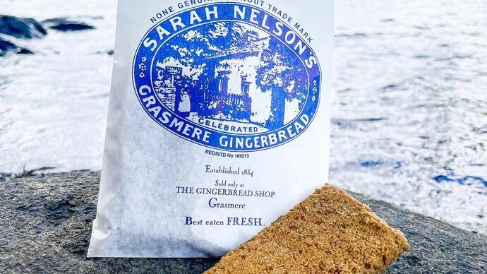 Nahaufnahme von Grasmere-Lebkuchen auf einem Felsen am Seeufer