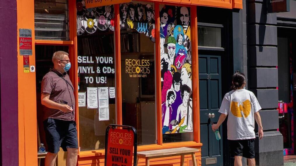 View of front of record shop