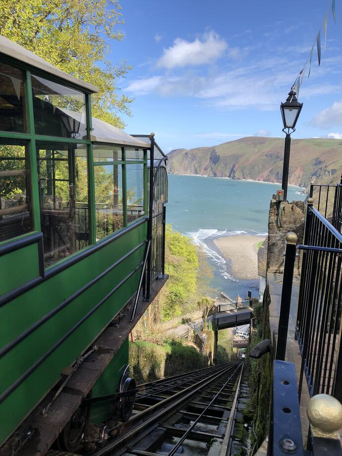Lynton and Lynmouth cliff railway looking down into the ocean, in Devon.