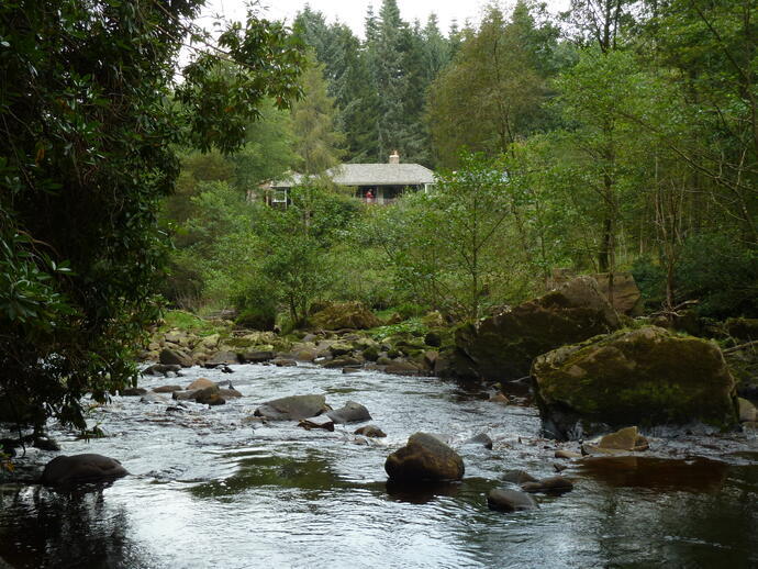 Una foto a larga distancia de un río y una casa de vacaciones rodeada de árboles
