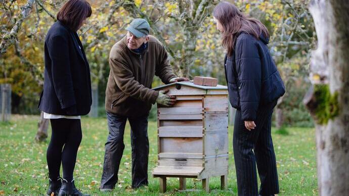 Three people looking at beehive in a garden