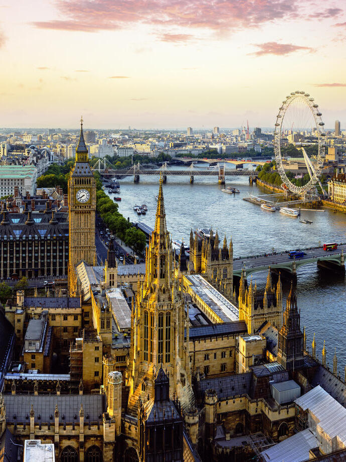 Panoramic view along the river thames including central London landmarks