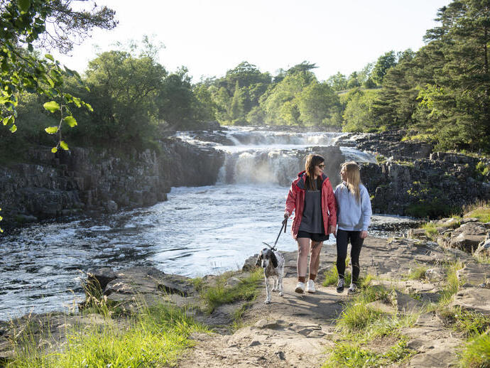 Two women and a dog walk a path beside a waterfall