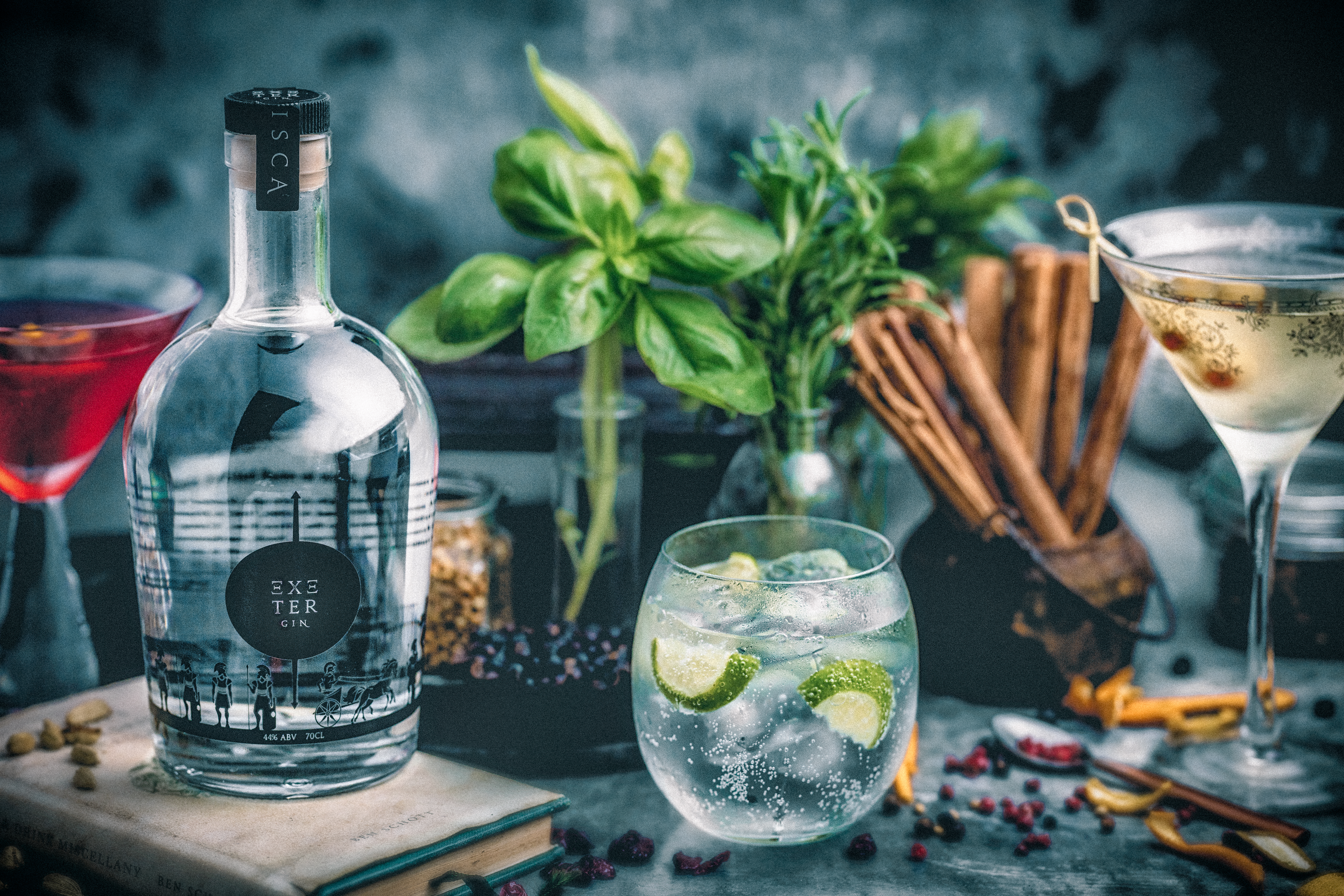 Una foto promocional de una botella con la etiqueta: Exeter Gin