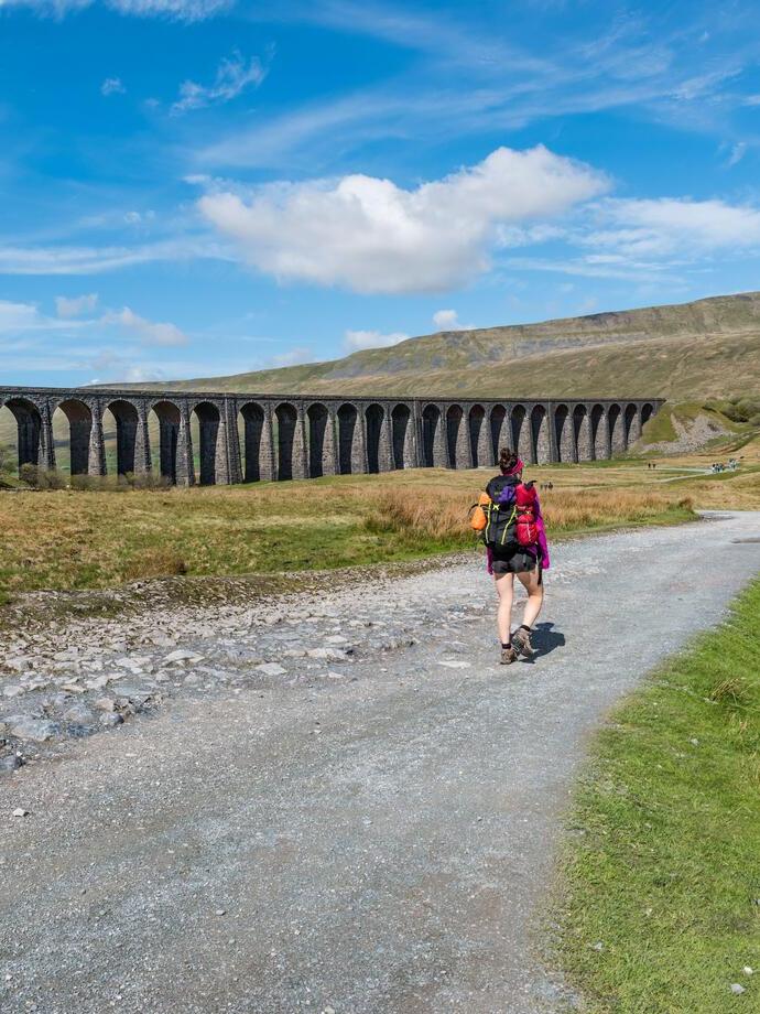 A Female Hiker On The Way To Whernside Peak, Ribblehead Viaduct, Yorkshire Tree Peaks Challenge.
