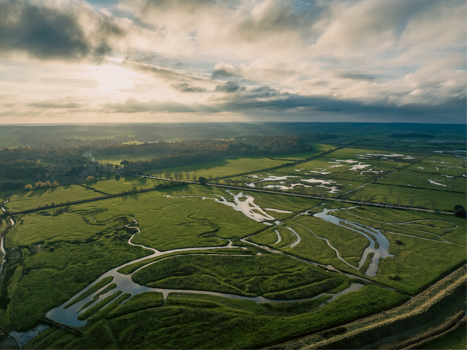 An overhead view of various canals making up part of the Broads National Park