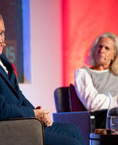 Hugh Bonneville on stage at Stratford Literary Festival in 2022