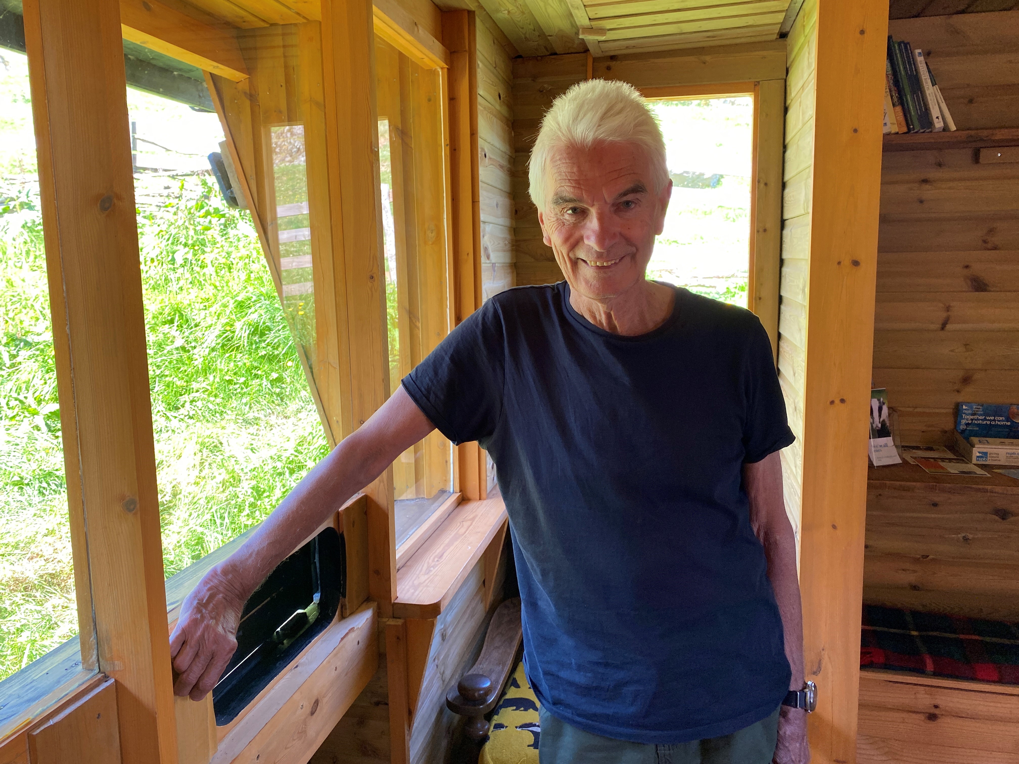 Person standing inside a wooden cabin with open windows, bookshelves, and greenery visible outside.