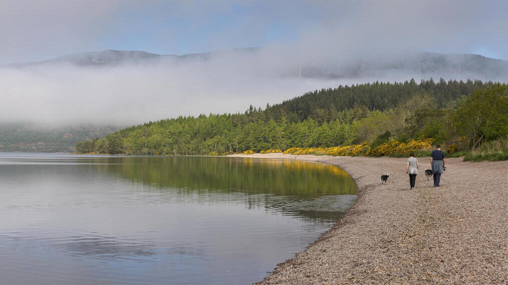 Un homme et une femme promenant leurs chiens le long des rives du Loch Ness