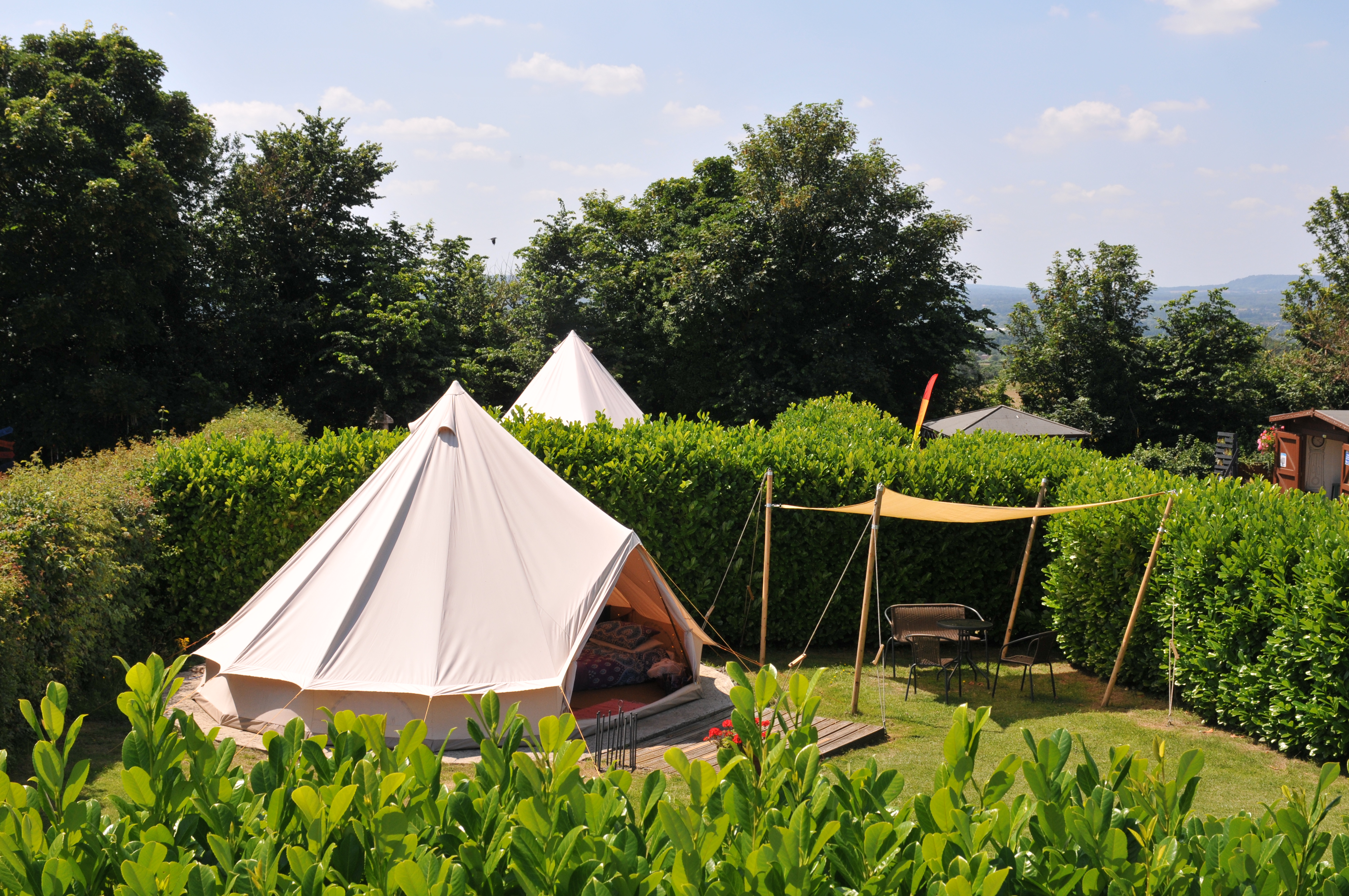 Yurt style individual glamping pitches surrounded by laurel privacy hedges