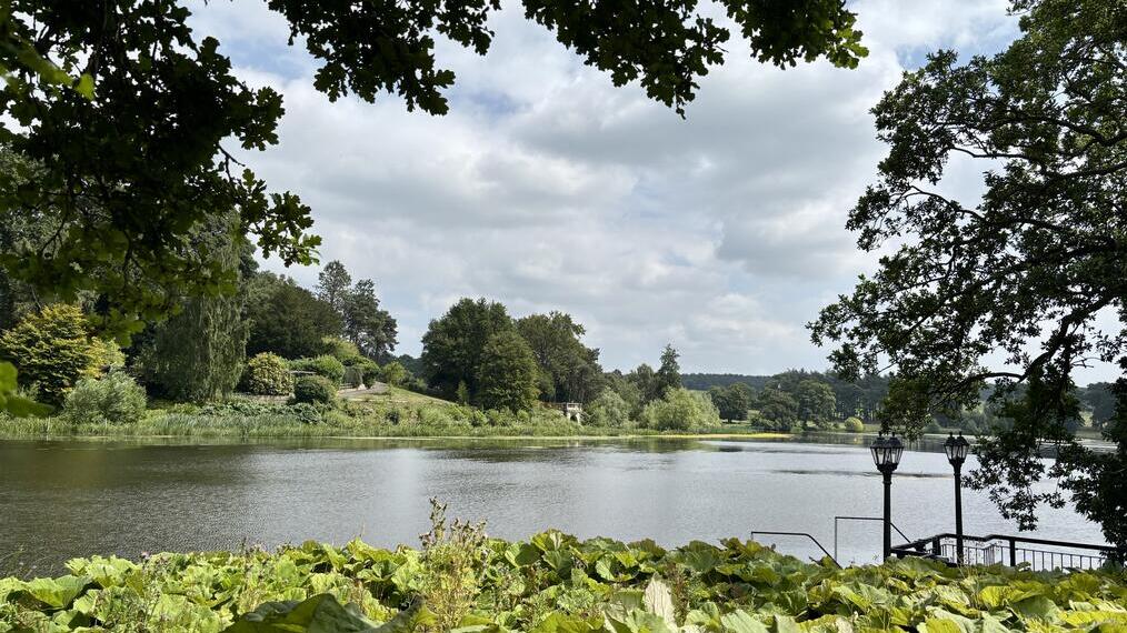 Scenic lake view with lush greenery, overhanging trees, and a railing with lamps by the water under partly cloudy skies.