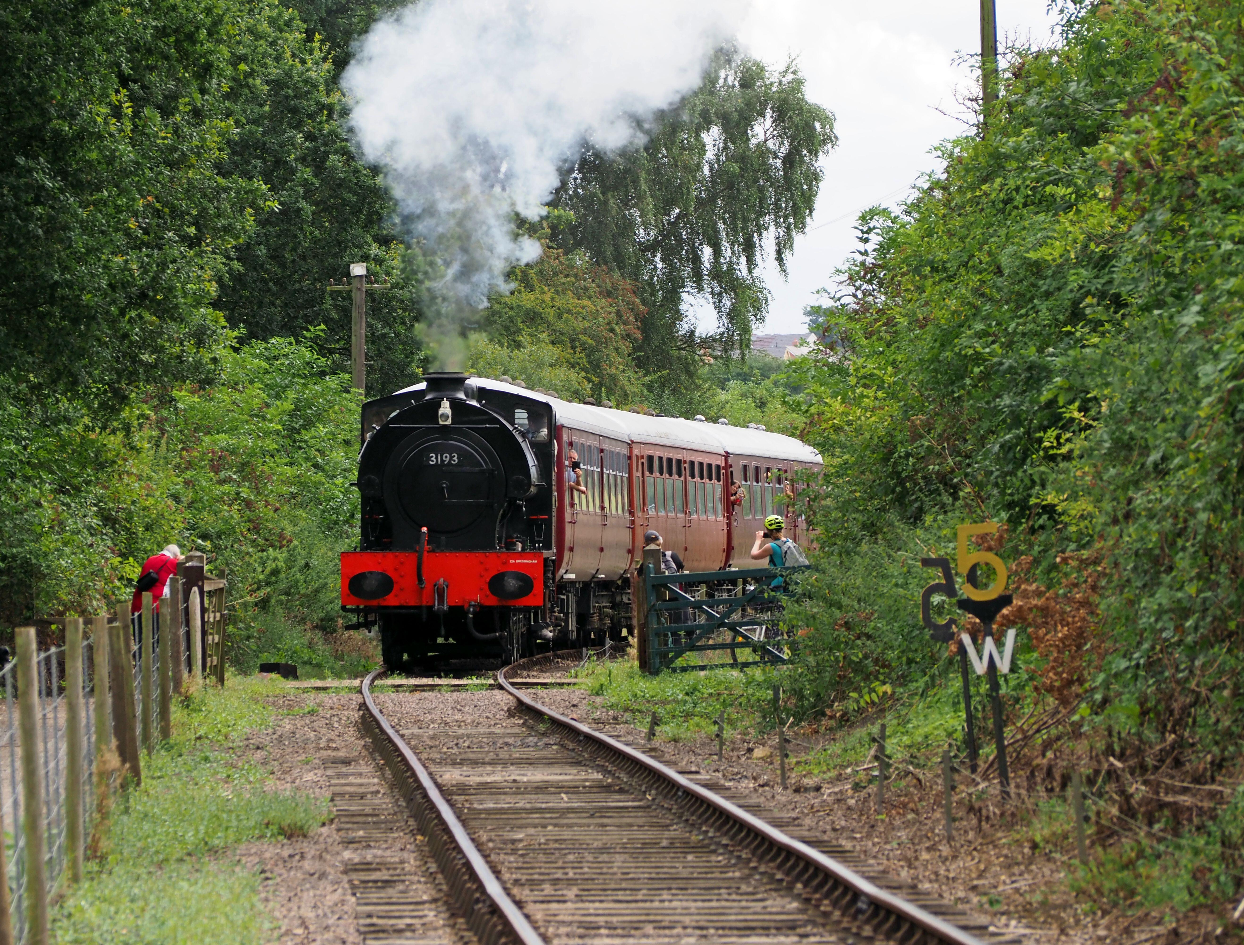 A steam train travelling through the countryside.