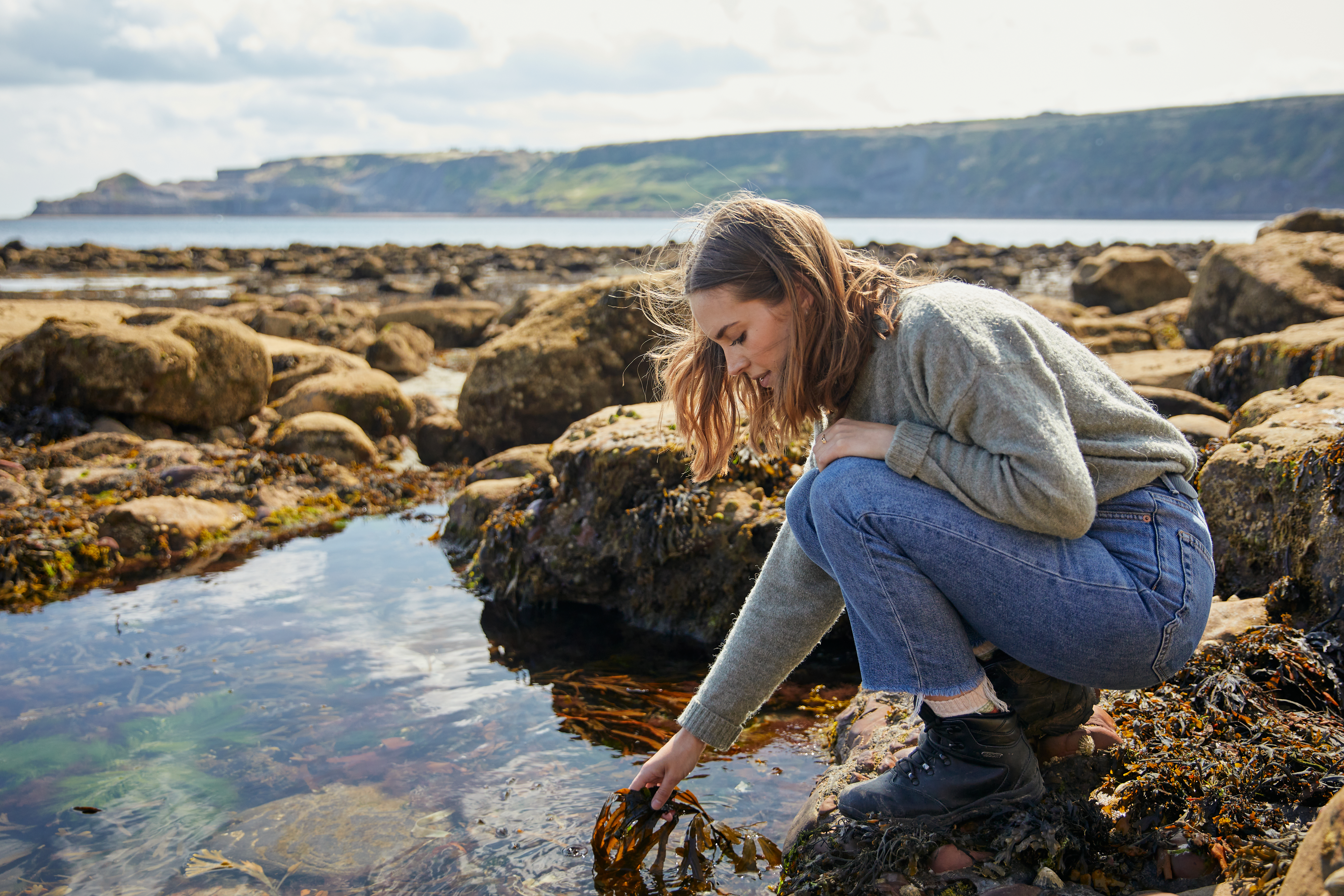 Une femme cueillant des algues dans une mare rocheuse