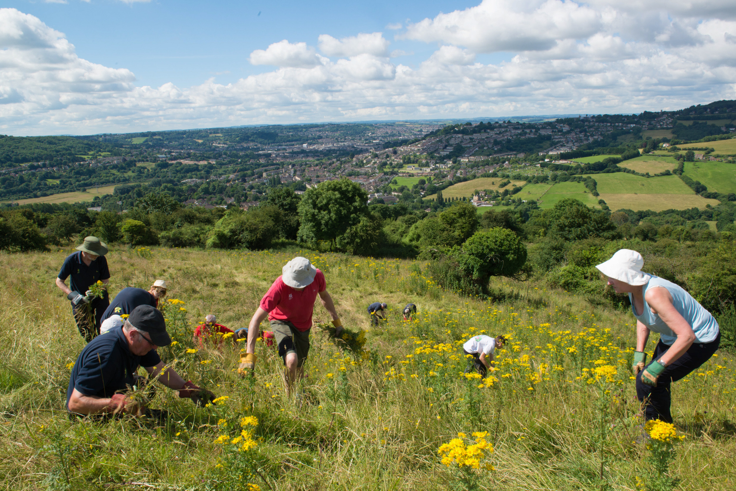 A volunteer conservation group at Solsbury Hill, Bath Skyline