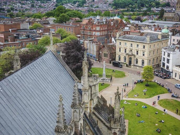 View of main cathedral and busy city town square