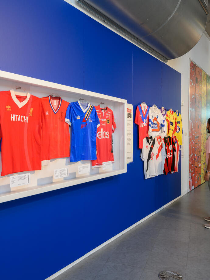 Iconic Football Shirts in a display at the National Football Museum, Manchester