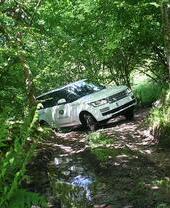 A Land Rover being driven over an off-road track in the woods
