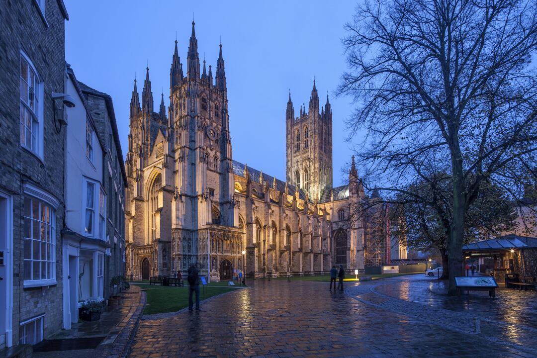 Canterbury Cathedral in Canterbury, Kent at dusk