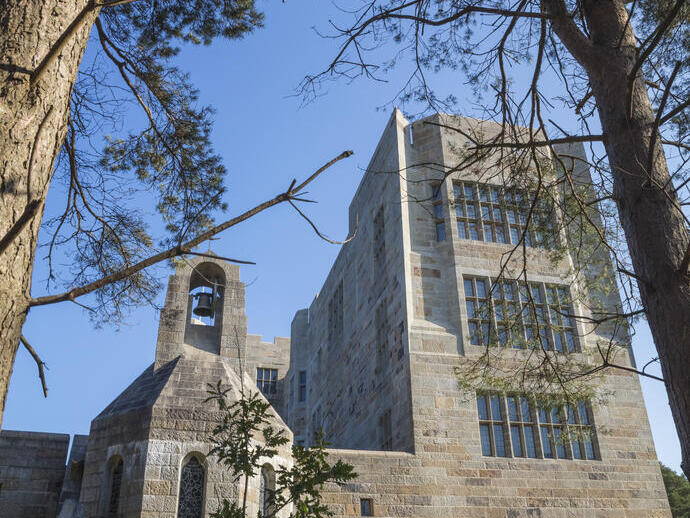 Exterior of Castle Drogo, looking up through the fir trees