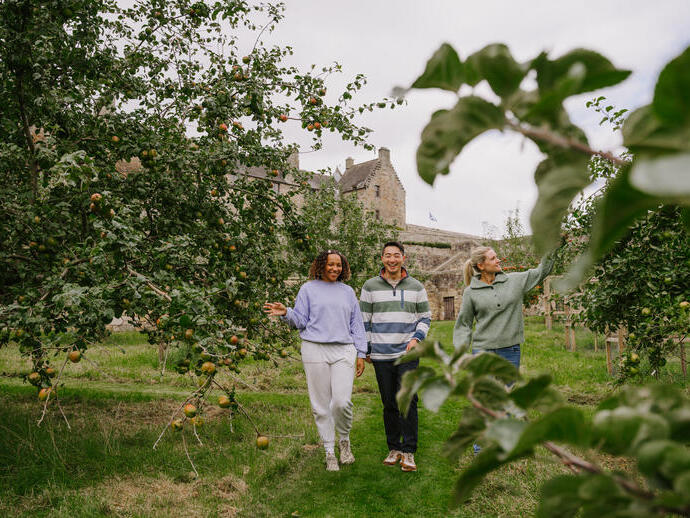 Un hombre y dos mujeres caminando por un huerto de manzanos en los terrenos del castillo.