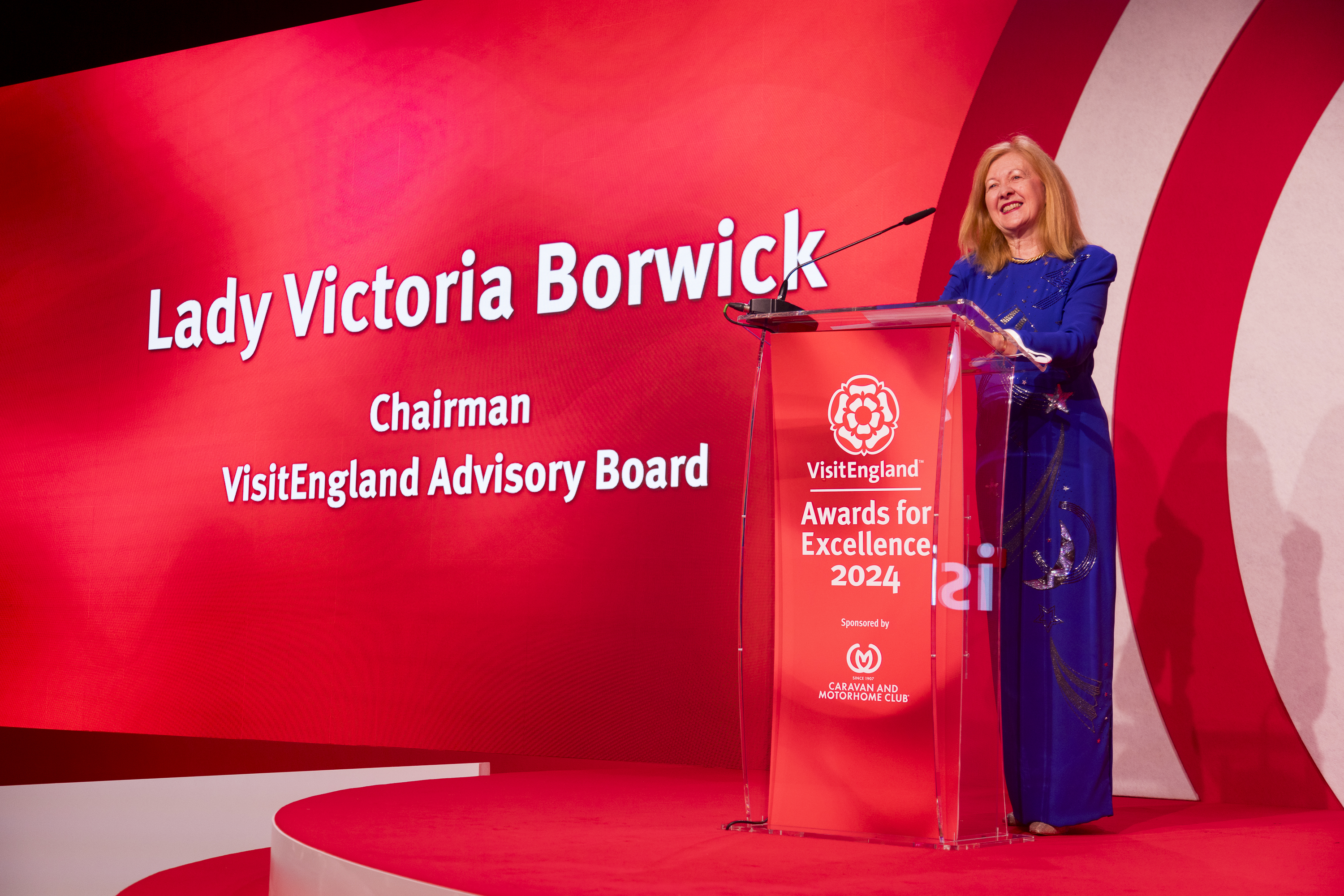 VisitEngland Advisory Board Chairman Lady Victoria Borwick on stage at the VisitEngland Awards for Excellence 2024 ceremony