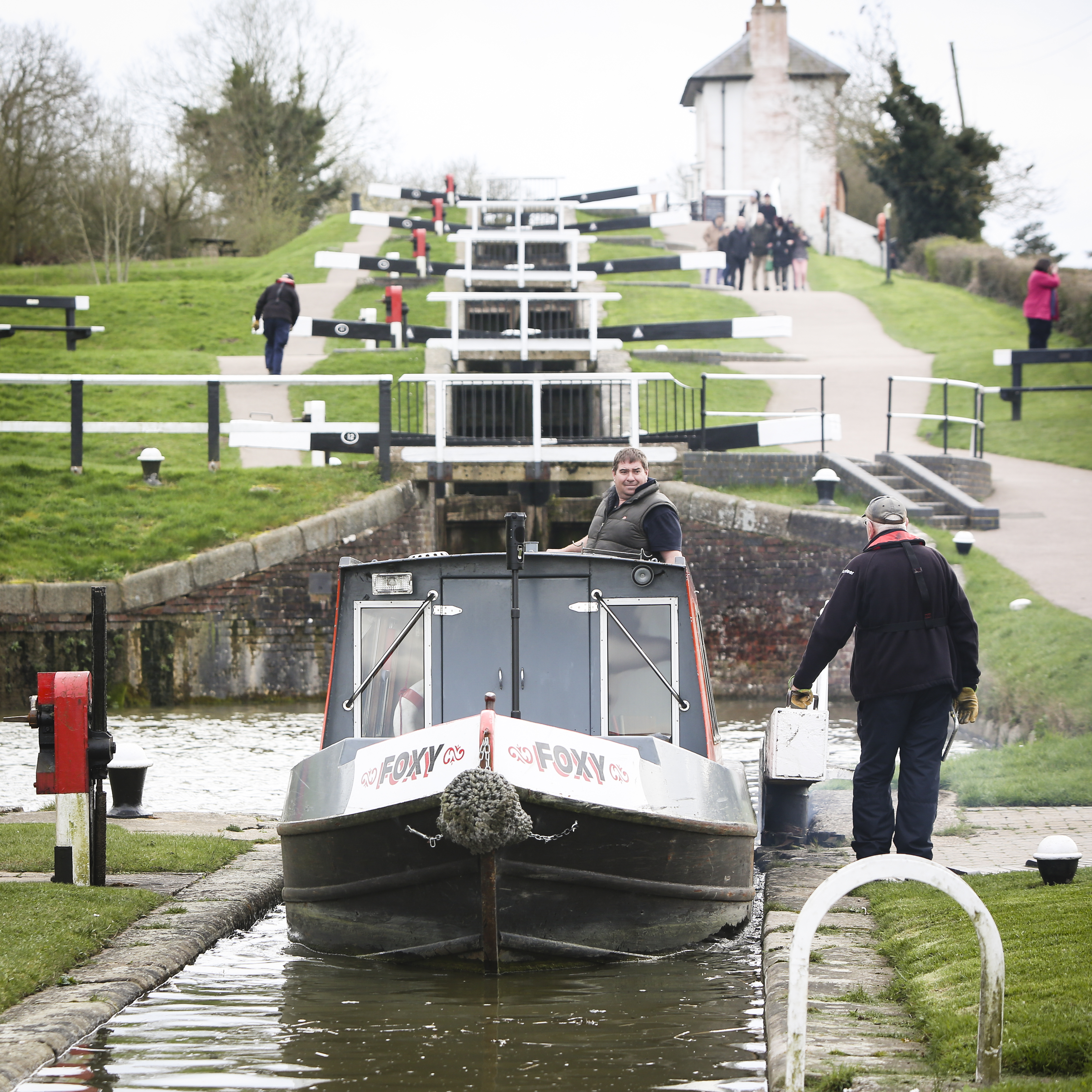 A barge sailing through Foxton Locks in Leicestershire