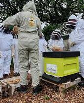 Un grupo de personas con trajes de apicultores en The Bee Centre