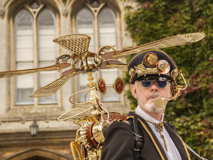 A man wearing a steampunk outfit with backpack as part of Lincoln's Steampunk Festival