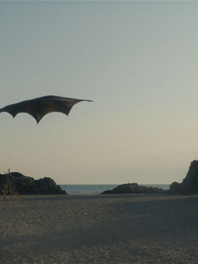 A large dragon flies over a sandy beach with rocky outcrops and the sea in the background, under a clear sky.