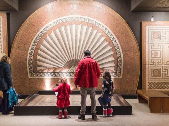 A family examining a display in Verulamium Museum, St Albans
