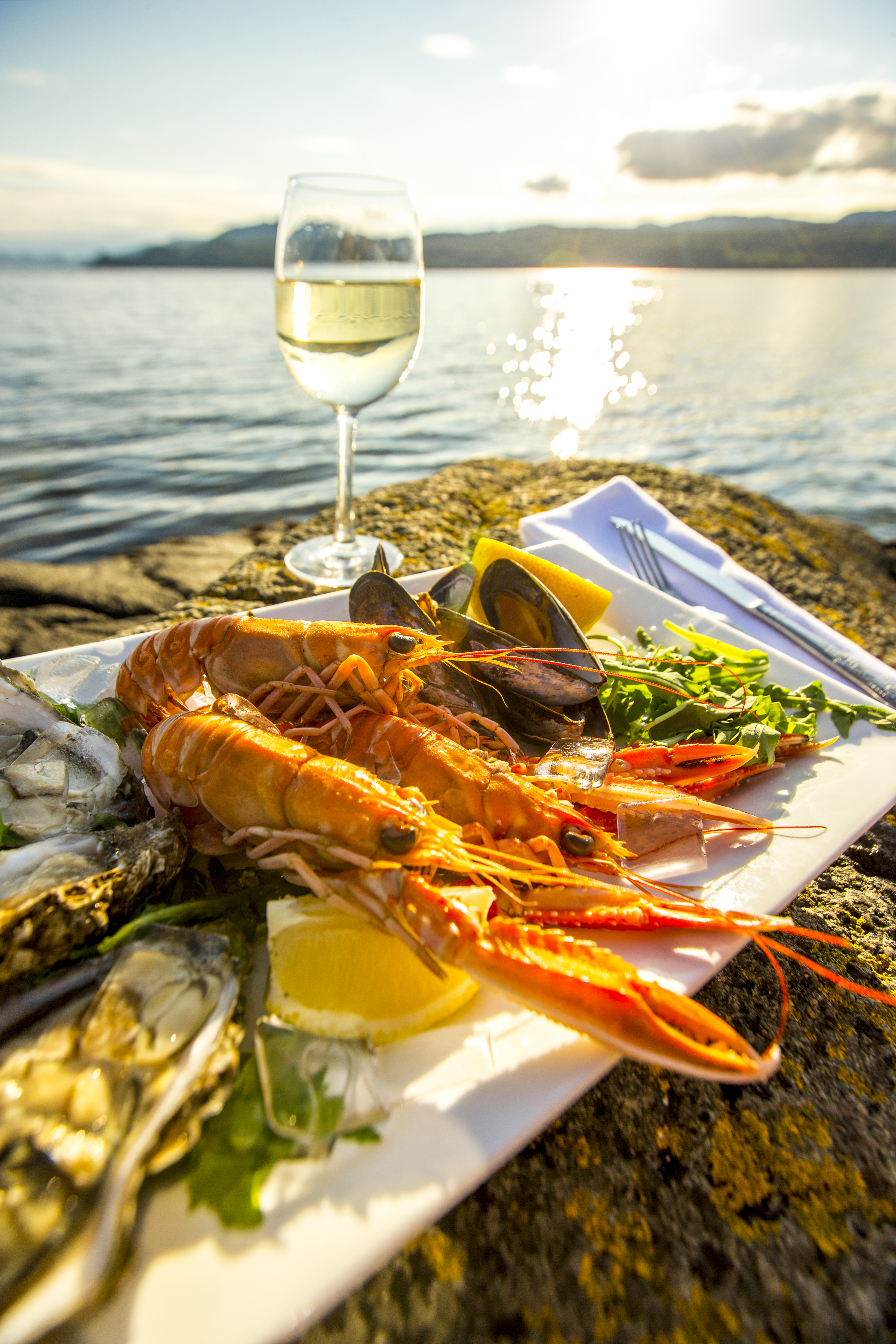 Selección de marisco en un plato con una copa de vino junto al agua