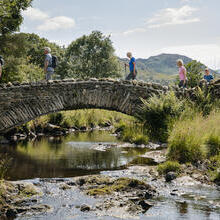 Group of friends crossing bridge over a running stream.