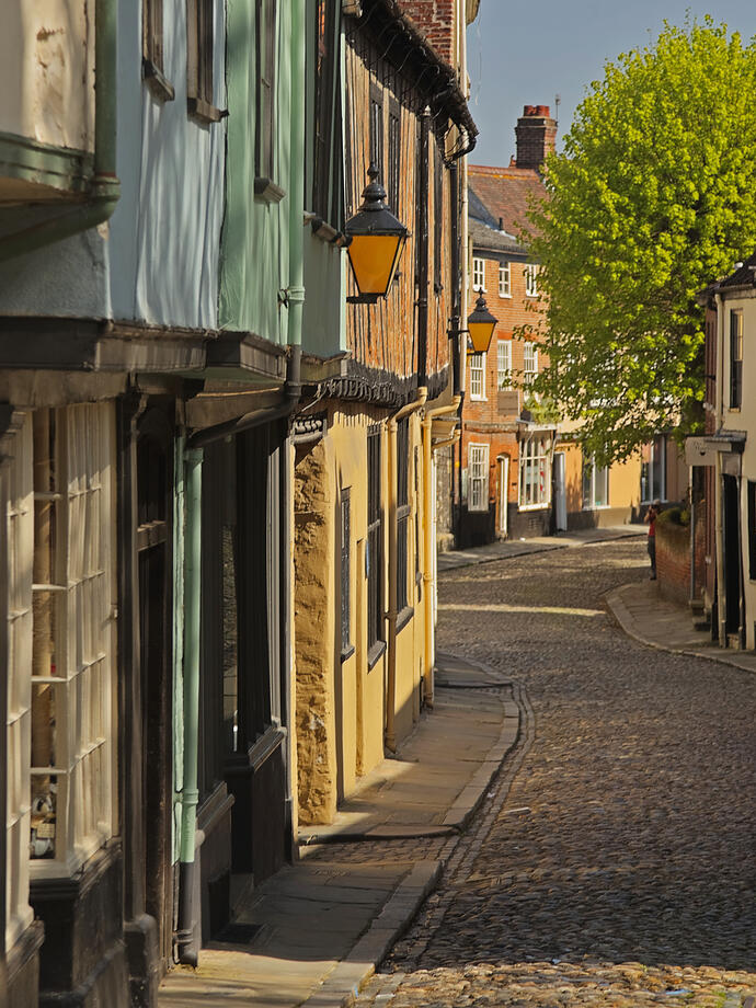 Colourful Tudor houses on an historic cobbled lane
